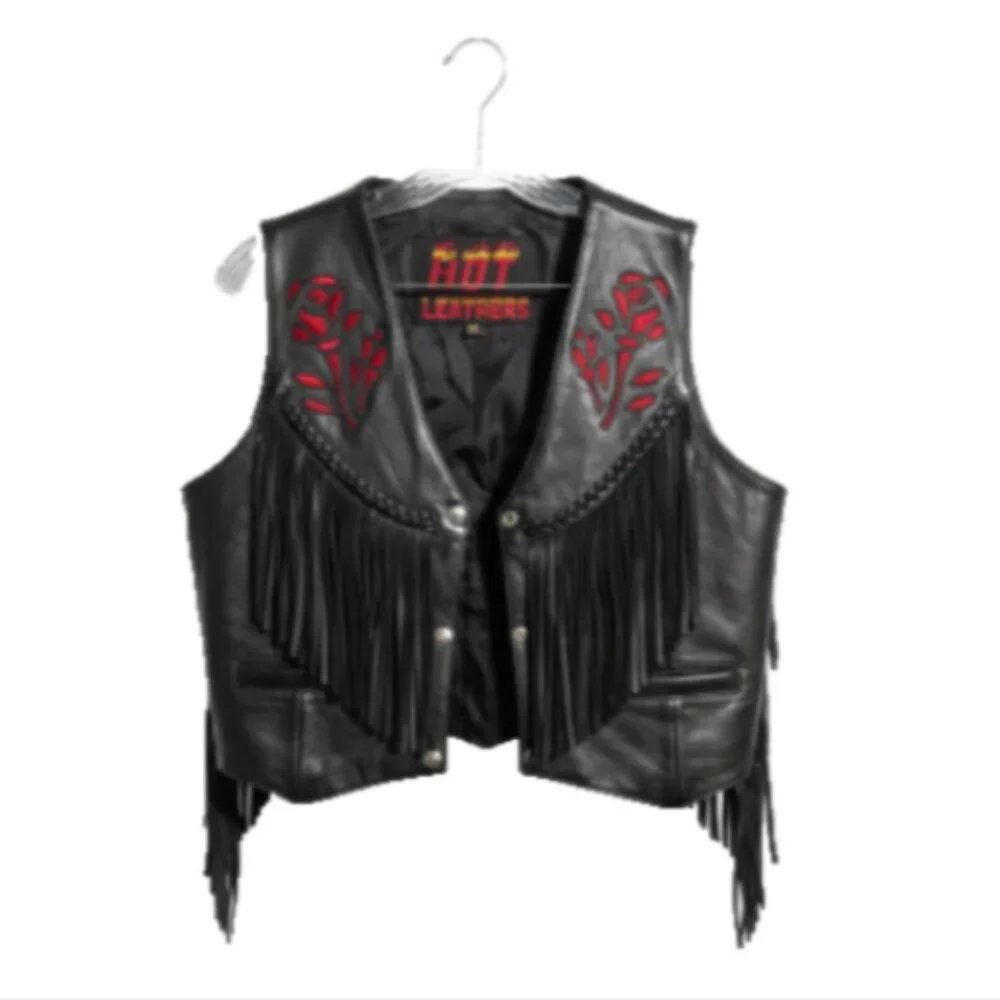 Hot Leathers Womens Fringe Leather Vest M Black Red Rose Lace UP Sides Snaps EUC - Picture 14 of 16